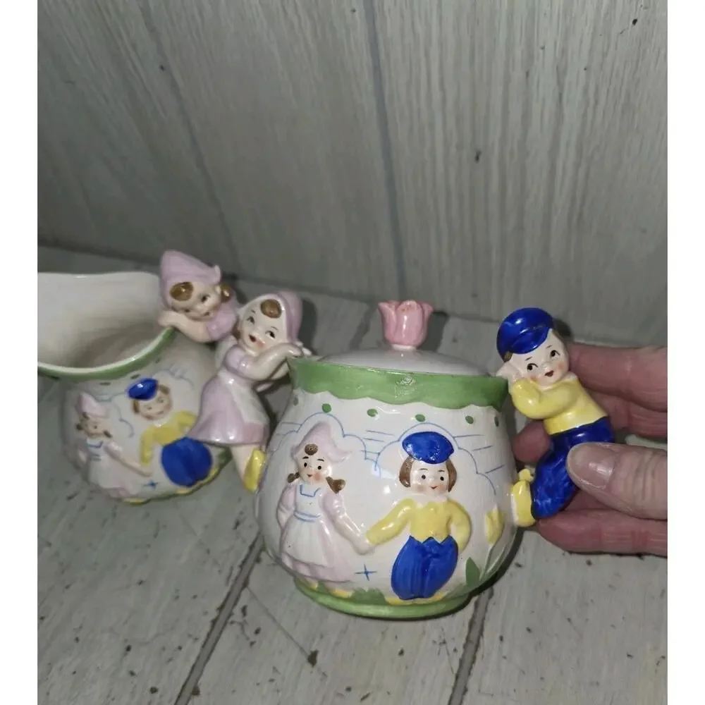 Vtg Green Trim Dutch Holland Windmill Boy & Girl Creamer and Sugar Set Kitschy